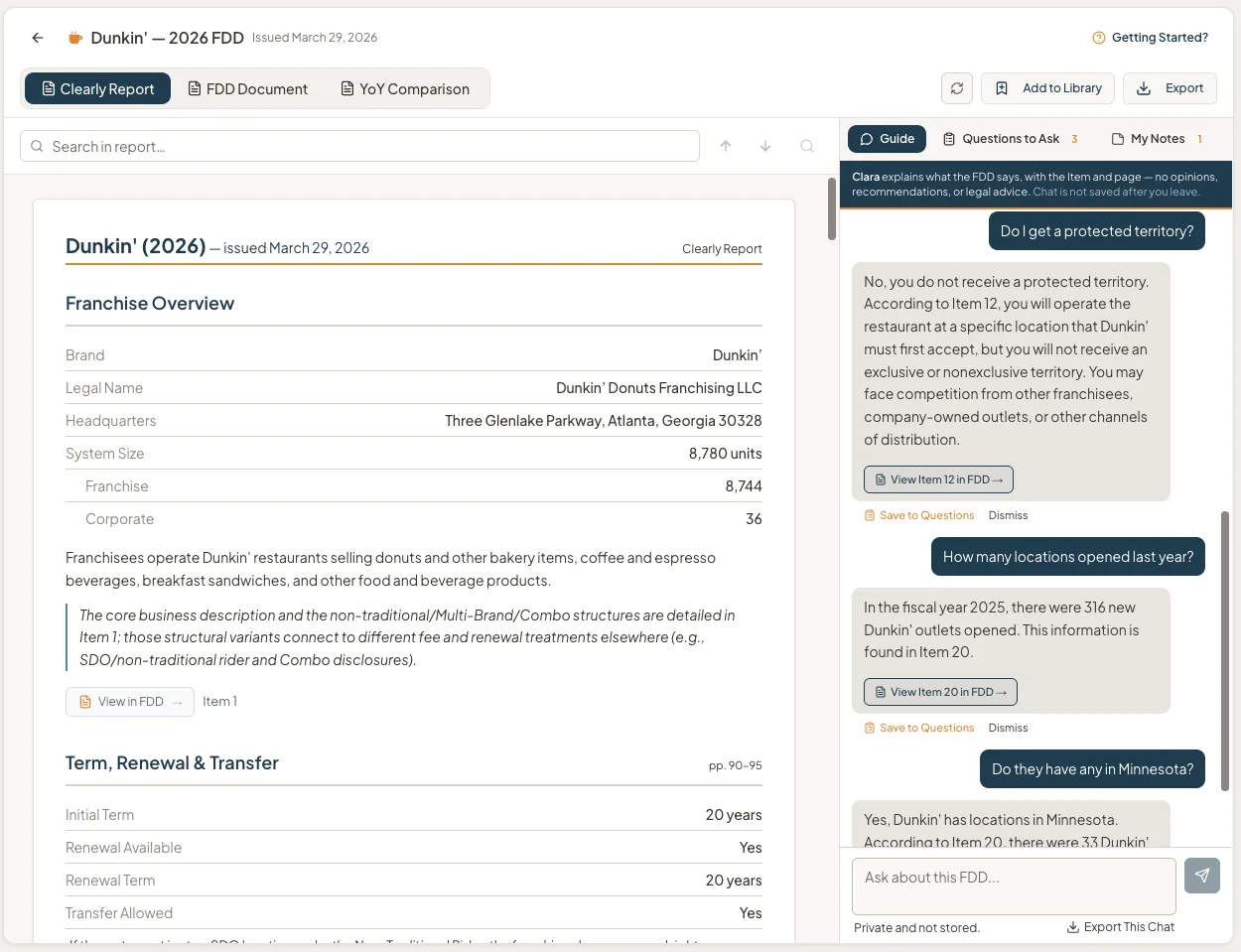 Clara answering questions about the Dunkin' filing beside the Clearly Report, each answer citing the Item it came from