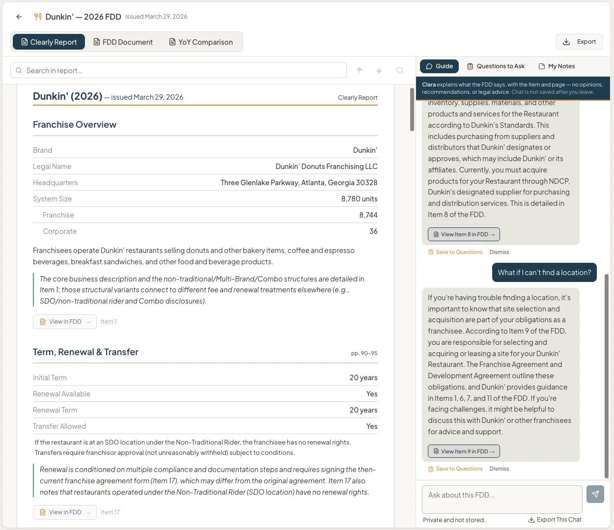 A Clearly Report showing initial investment, fees and outlet counts, each figure linked to its FDD page